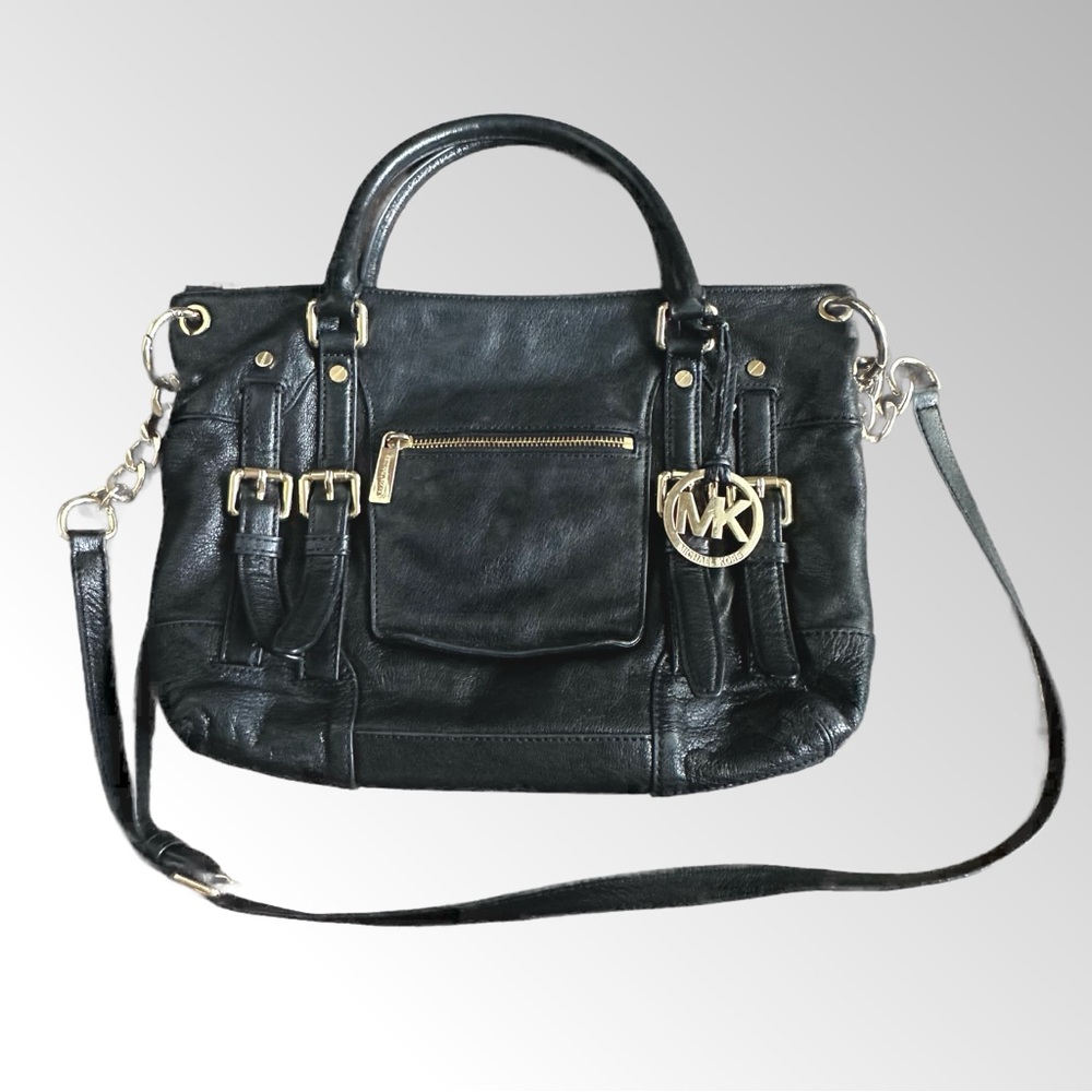 Michael Kors leather satchel purse handbag McGraw black gold hardware crossbody